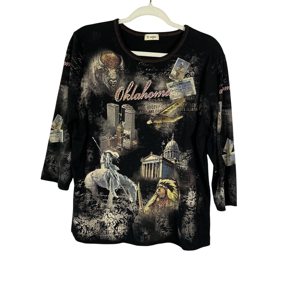 Cactus Oklahoma Souvenir Graphic Top Black 1X 3/4 Sleeve Studded Bison Capitol